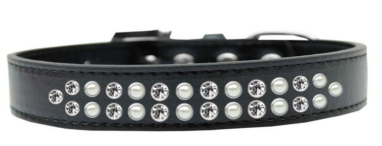 Two Row Pearl and Clear Crystal Size 14 Black Dog Collar